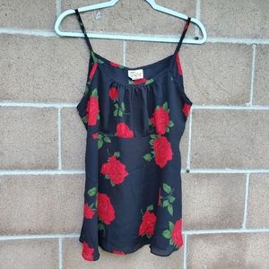 Vintage sheer 90s black and red rose milkmaid slip top